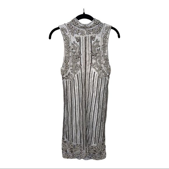 X by NBD Revolve Ivory Silver Pearl Beaded High Neck Mini Sheath Dress Small - Picture 8 of 12